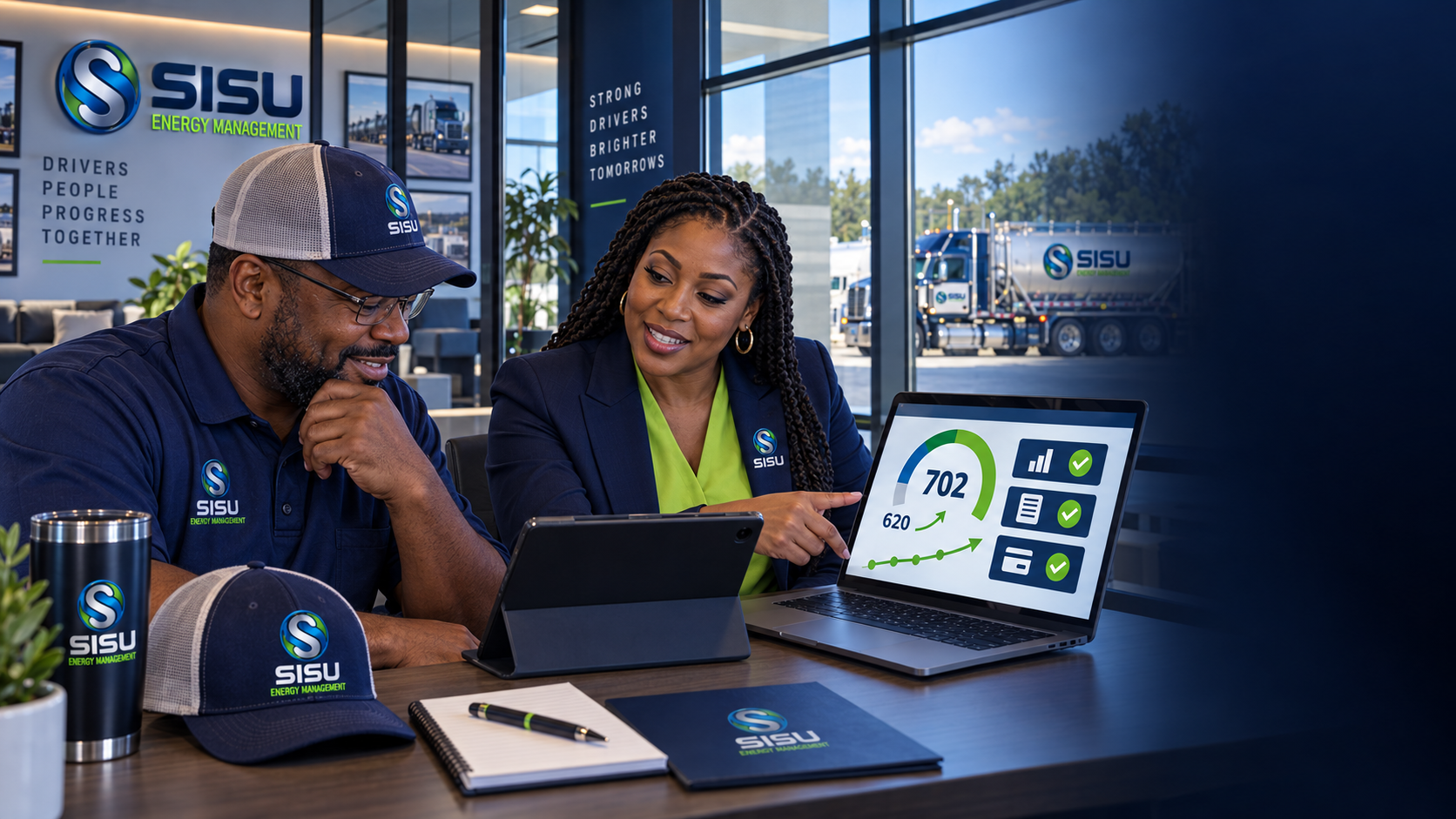 Driver reviewing financial documents with a financial wellness coach