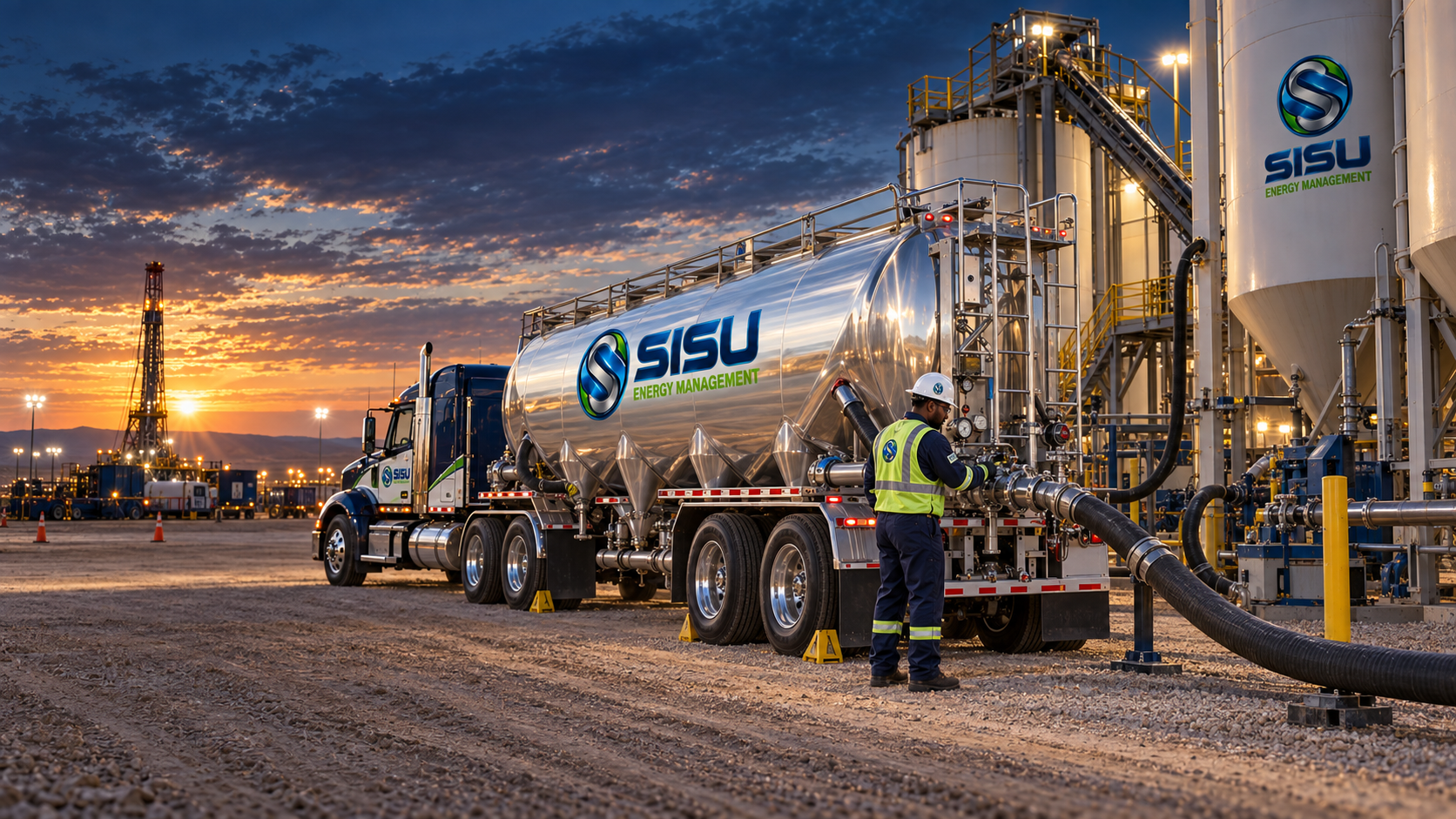 Pneumatic dry-bulk trailer unloading frac sand at a wellsite