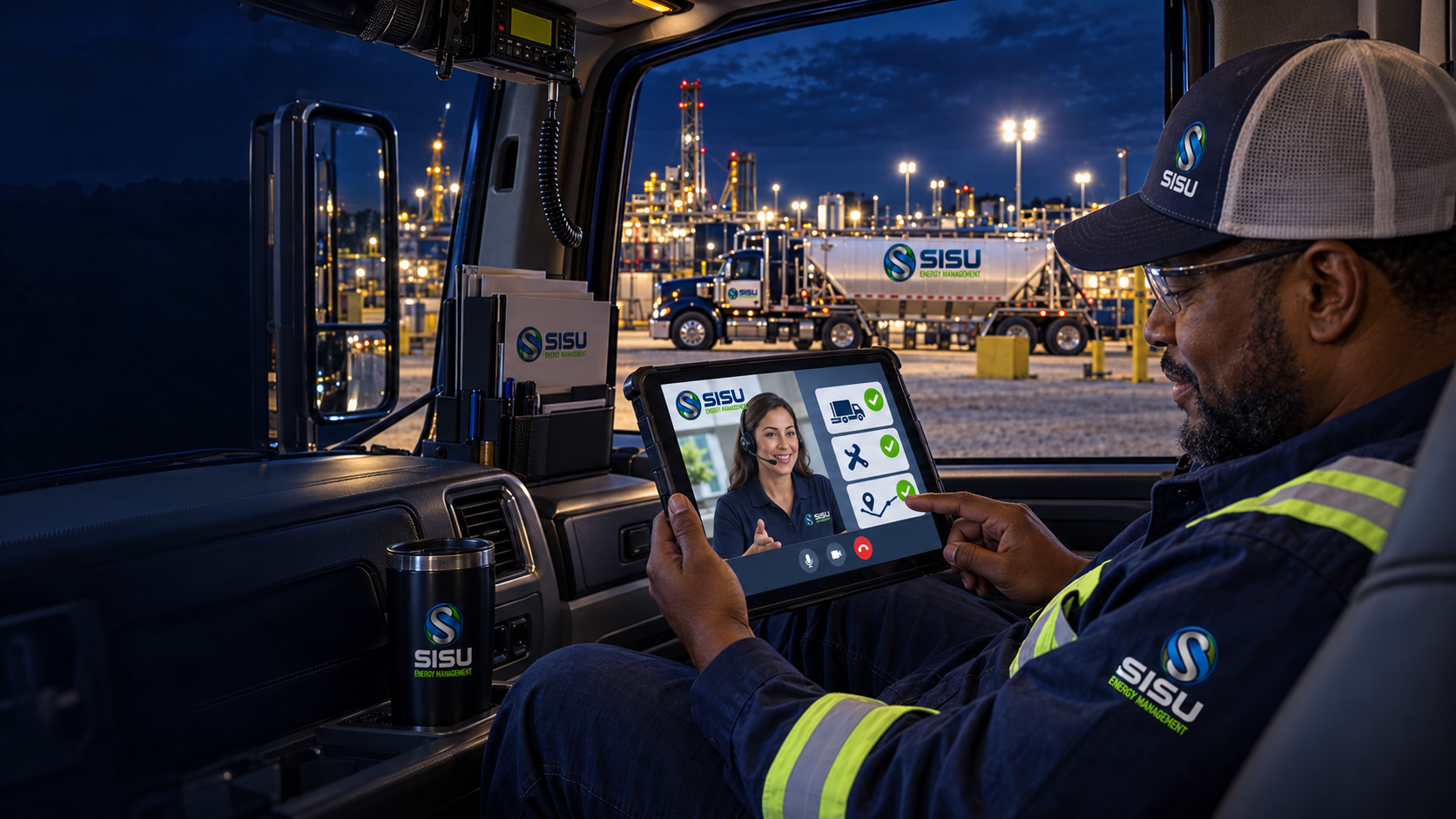 SISU driver reviewing load details on a tablet with a support specialist