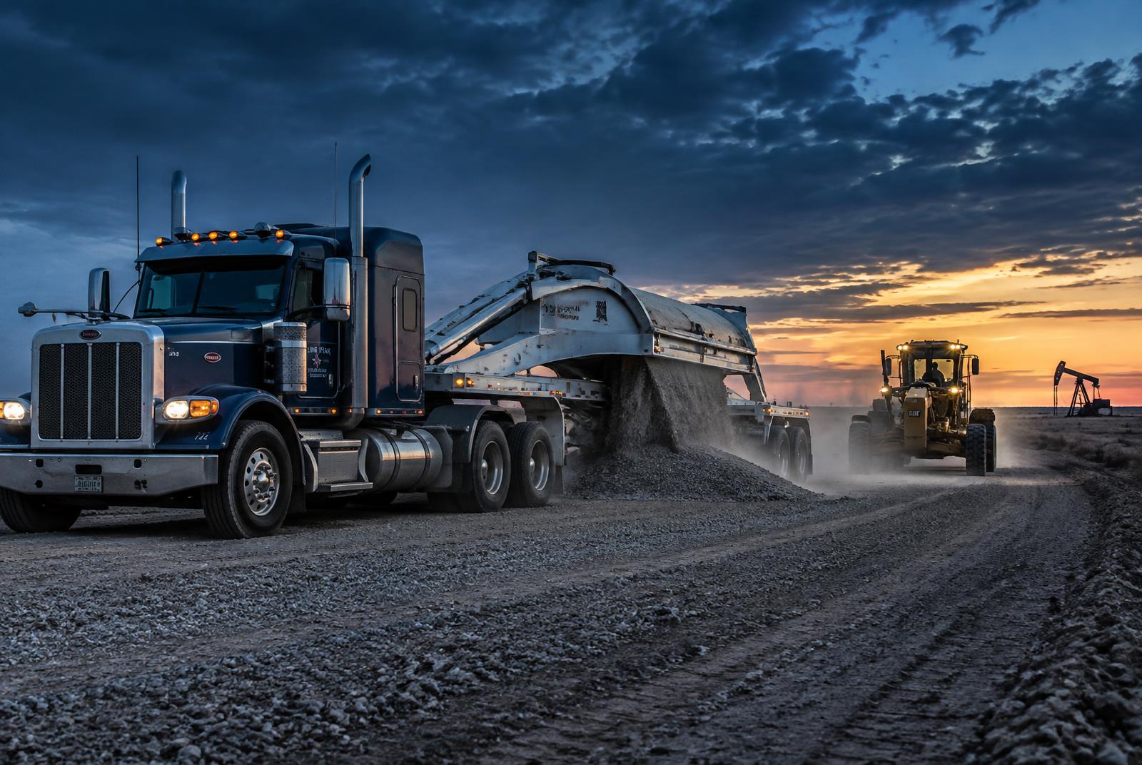 Belly-dump trailer discharging material on an oilfield lease road