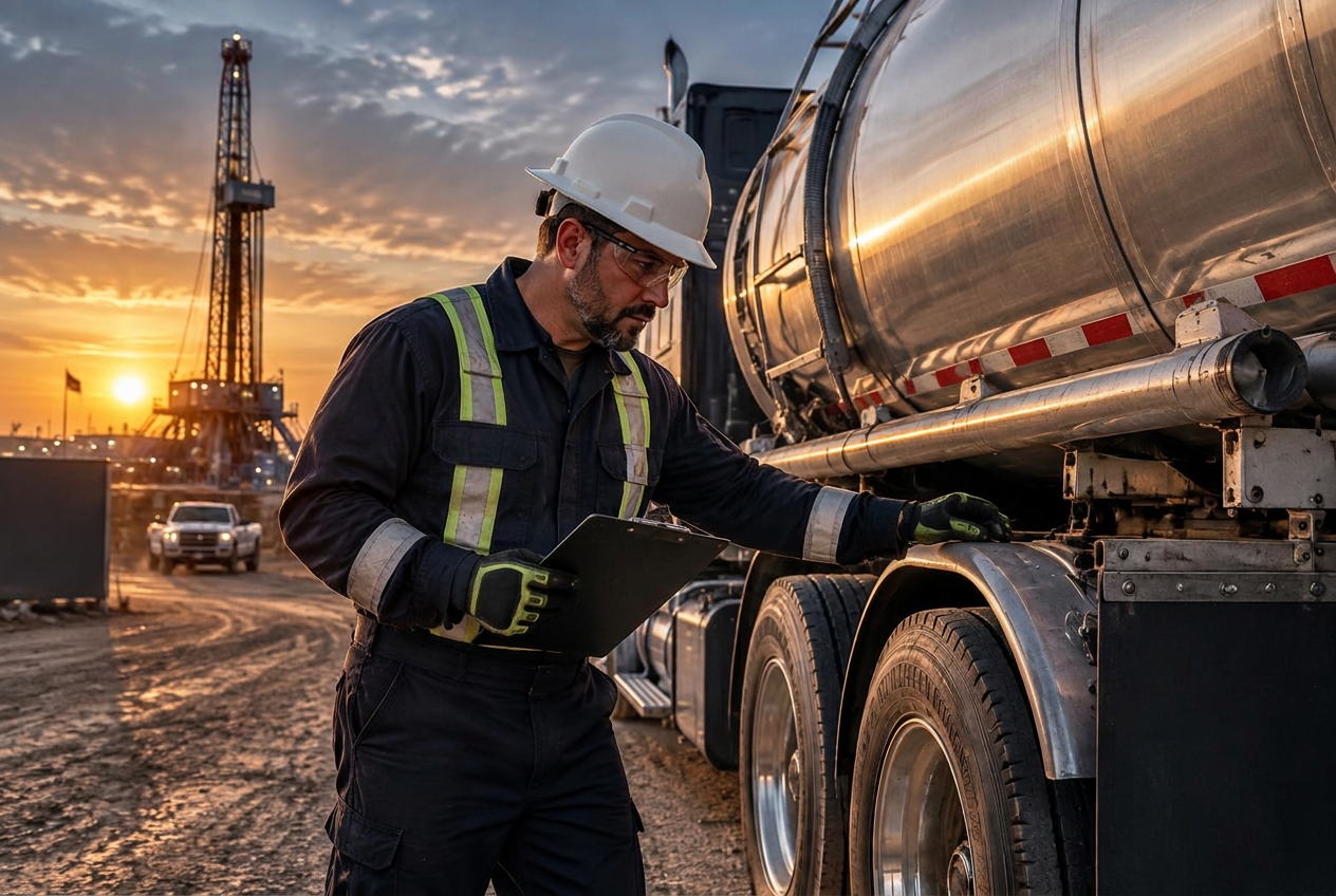 Driver in full personal protective equipment inspecting equipment before a run